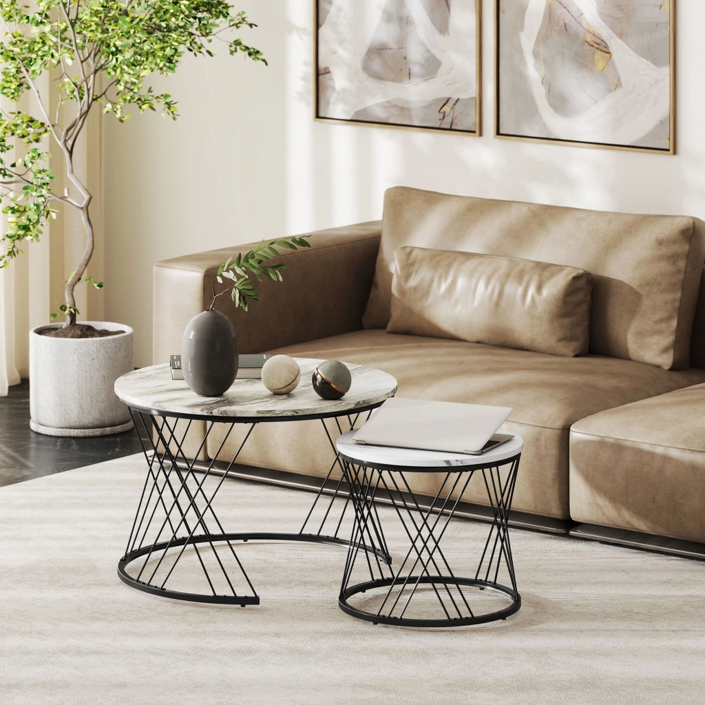 Tavolino da caff¨¨ rotondo con piano effetto marmo ¨C zephmum ¨C grigio e bianco
