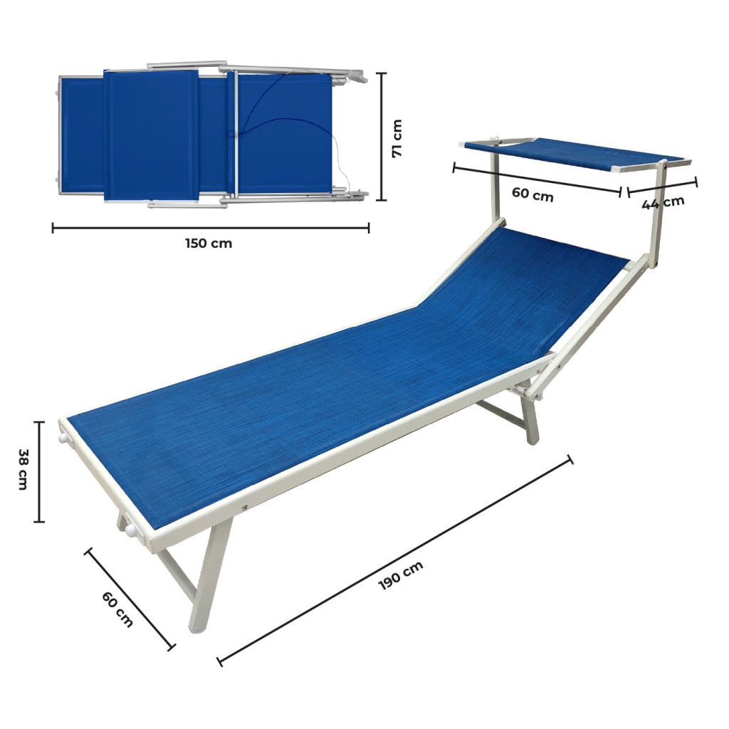 Lettino Prendisole Professionale Pieghevole e Impilabile con Parasole Regolabile, Schienale Reclinabile 2 Posizioni, Struttura in Alluminio, Tessuto Impermeabile UV Resistente, Portata 110 Kg Blu