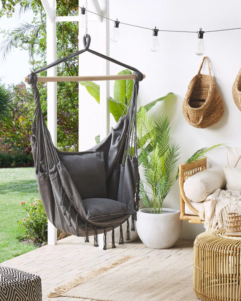 Sedia a dondolo sospesa in cotone grigio e poliestere altalena per interni ed esterni in stile boho