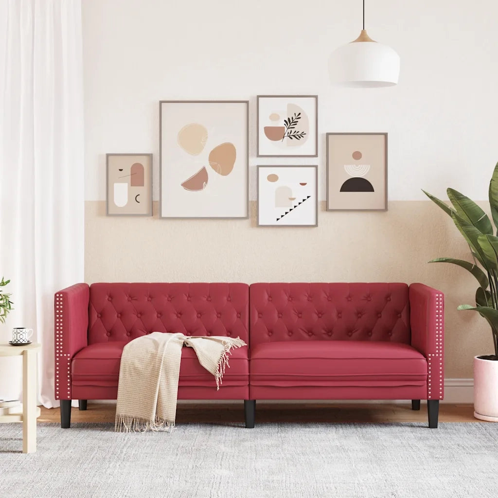 Divano Sedia-Poltrona Chesterfield a 3 Posti Rosso Vino in Similpelle