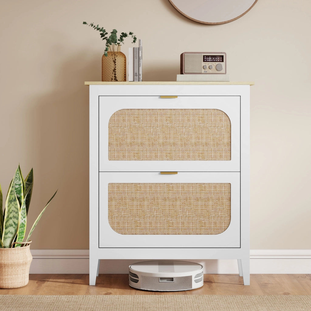 Scarpiera Slim Stile Boho con 2 Cassetti Ribaltabili per 14 Paia di Scarpe 80x24x95,5 cm Anta con Pannello in Rattan