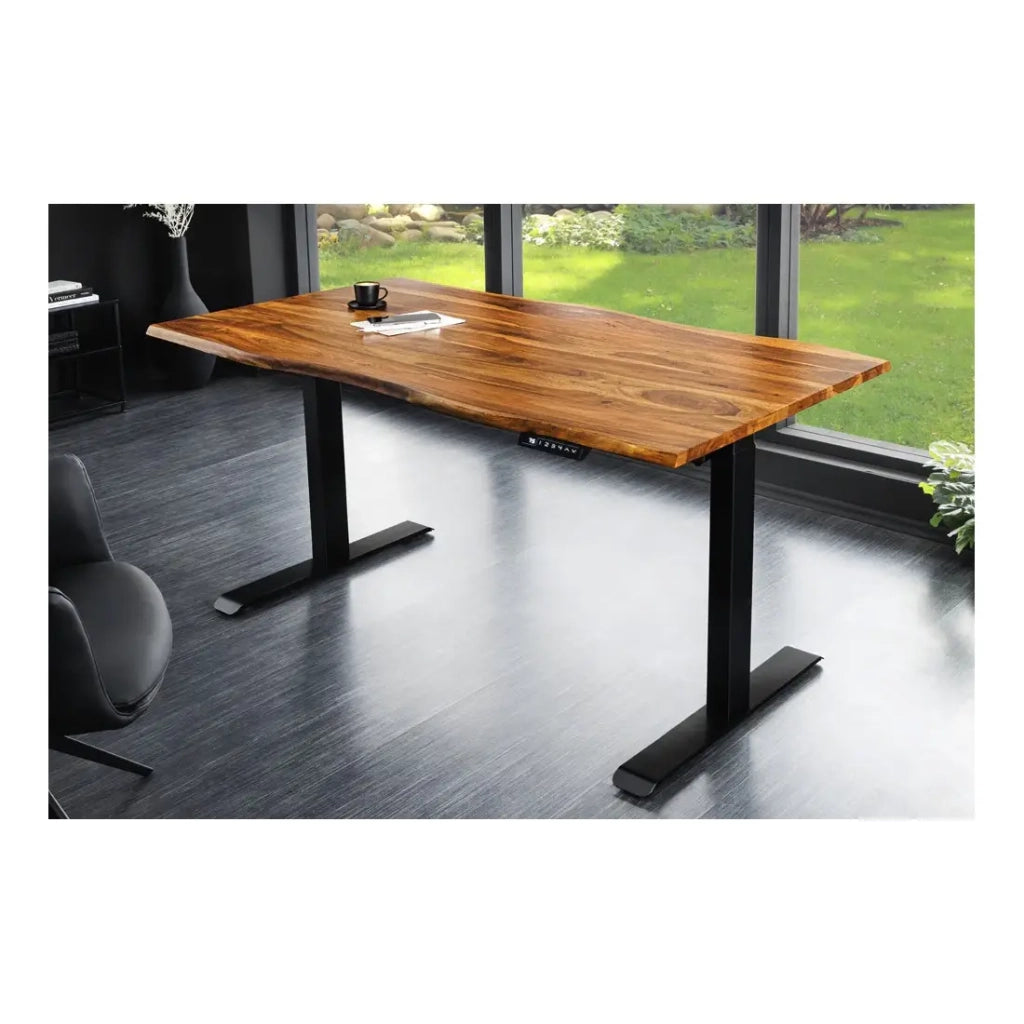 Scrivania elettrica di alta gamma ARKAYA 160 cm in Sheesham massiccio con bordo naturale smussato – Altezza regolabile