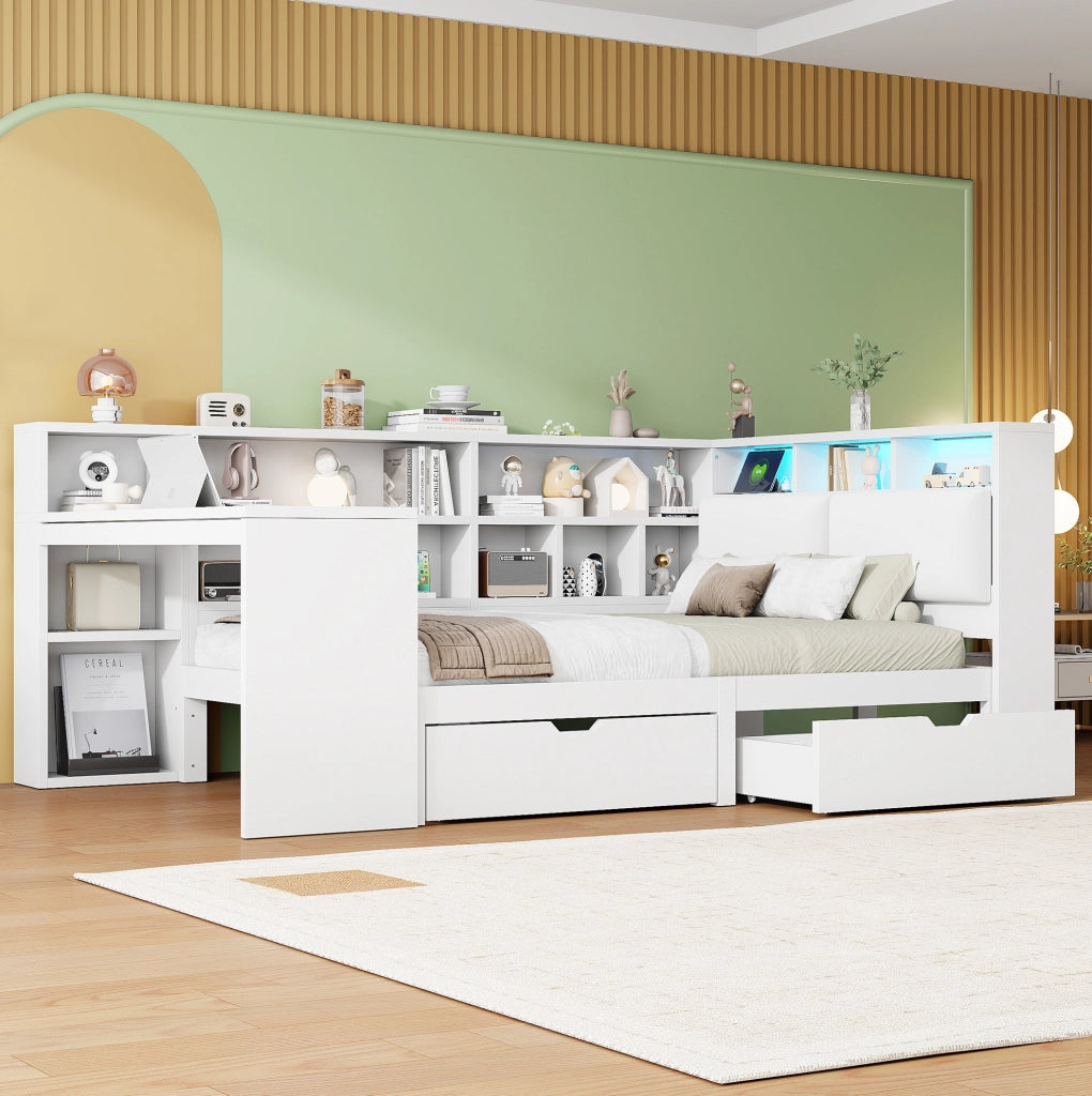 Letto a piattaforma a L 140x200 cm con scrivania e LED