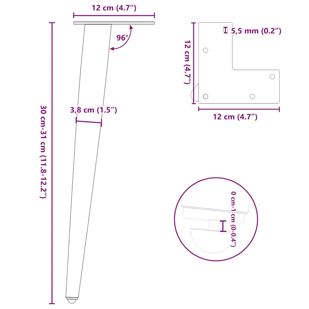 vidaXL Gambe per Tavolino da Caffè Forma Conica 4 pz Acciaio Naturale 30-31 cm Acciaio