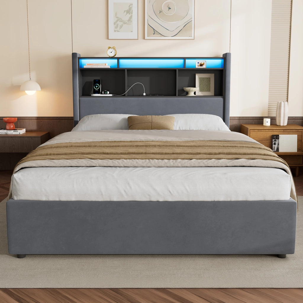 Letto matrimoniale contenitore imbottito grigio scuro 140x200 cm con LED e ricarica USB
