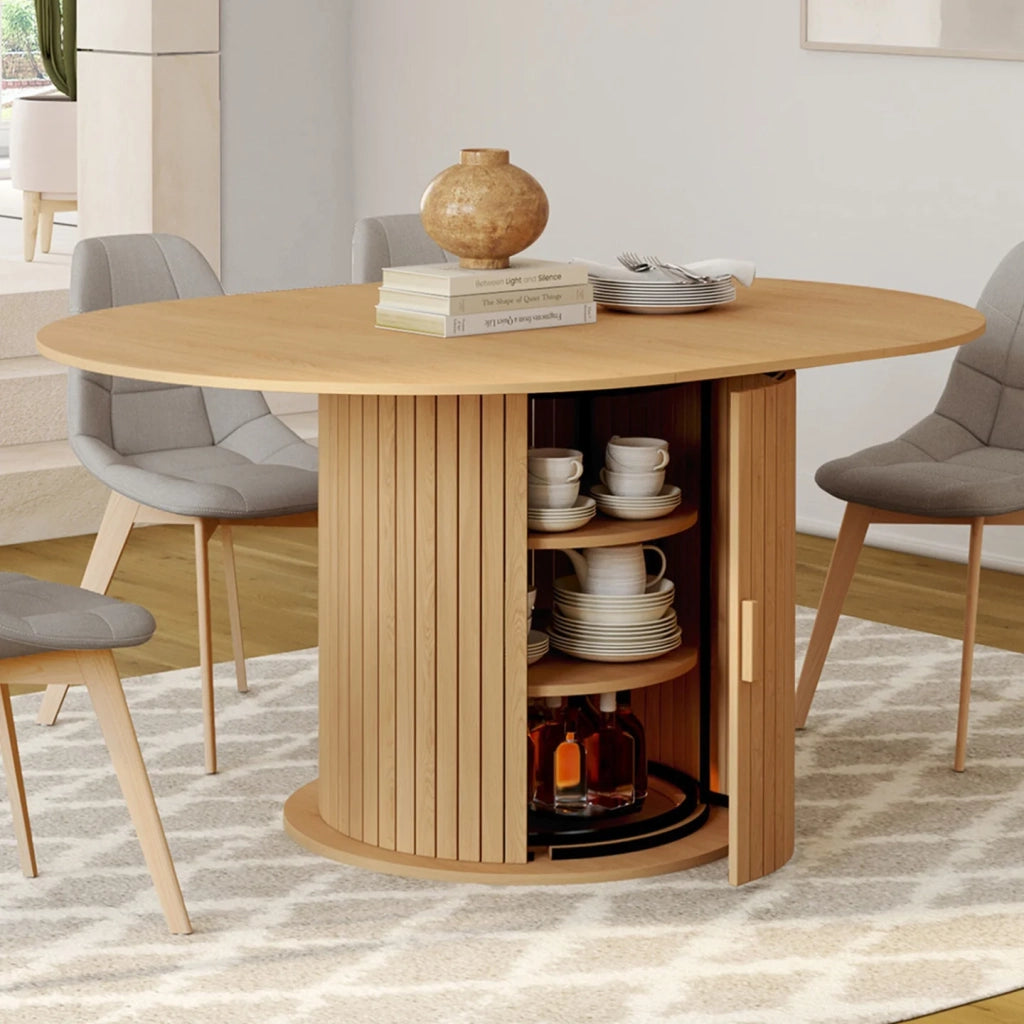 IDMarket - JULIETTE Tavolo da pranzo rotondo allungabile per 4-8 persone con gambe a doghe e contenitore 110-150 cm