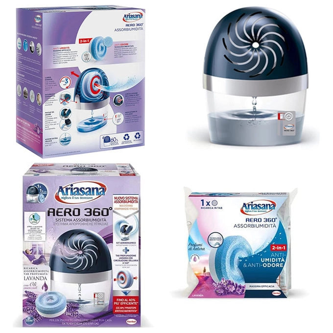 Ariasana 2631639 Aero 360° Kit Assorbiumidita' non elettrico ricaricabile 1 Dispositivo e 1 Ricarica Tab Lavanda 450g per ambienti fino a 55m³