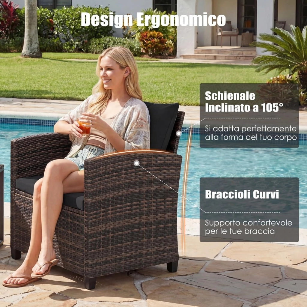 Set Mobili da Giardino 3 Pezzi, Salotto da Esterno in Rattan PE con 2 Poltrone e 1 Tavolino in Vetro Temperato, Set da Conversazione con Cuscini Sfoderabili per Patio (Nero, Modello 5)