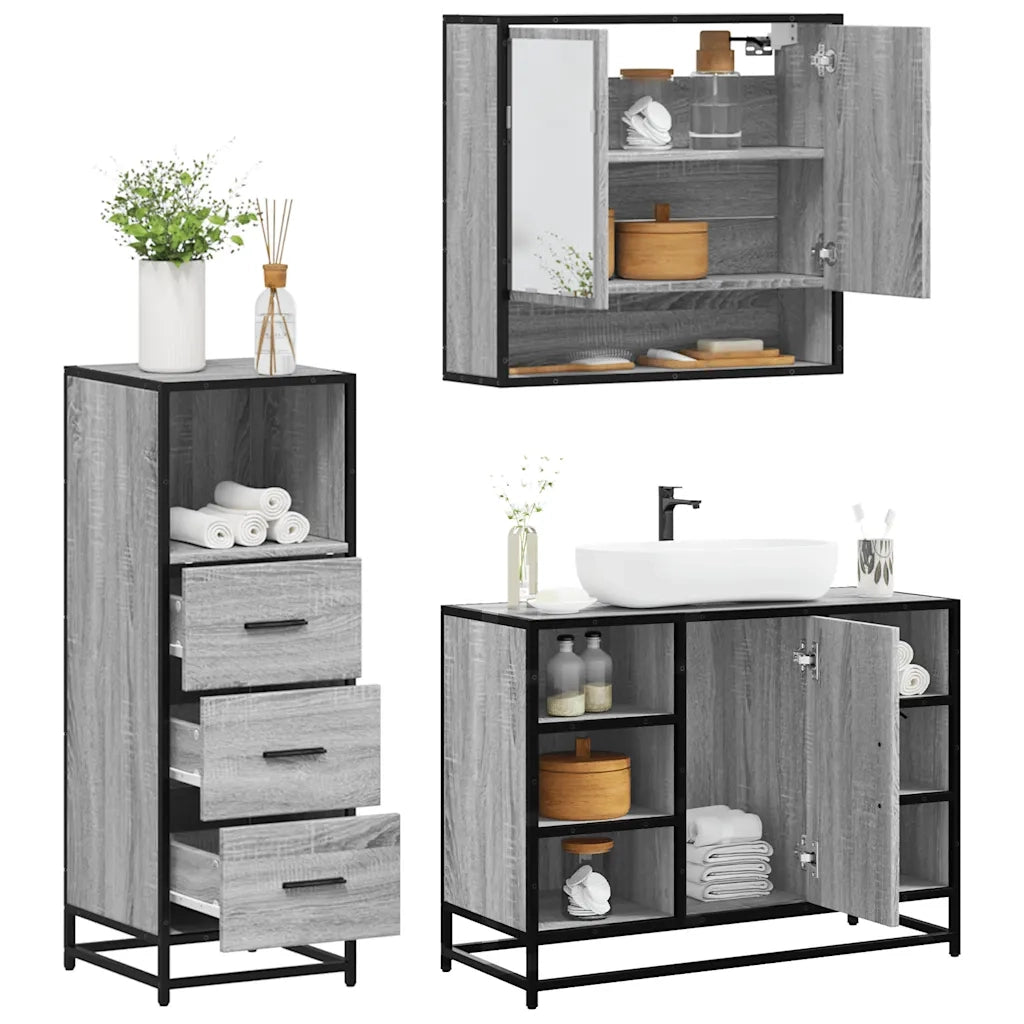 Set Mobili da Bagno 3 pz Grigio Sonoma in Legno Multistrato