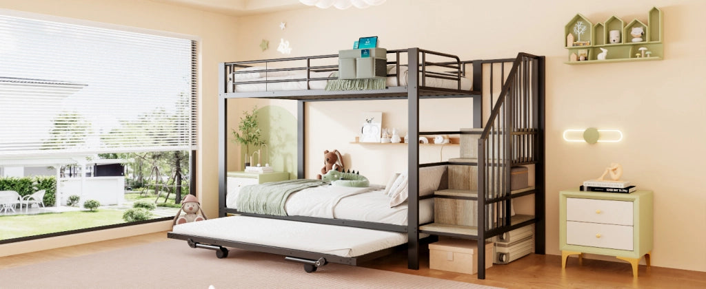 Letto a castello 90 × 200 cm con letto estraibile 180 × 200 cm, scale contenitore e tasca laterale, senza materasso, nero