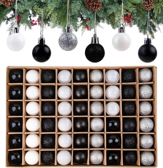 Set di 54 mini palline natalizie in nero, bianco e argento, decorazione per albero di Natale con hanger, 3 cm - decorazione natalizia con palline natalizie piccole per albero di Natale