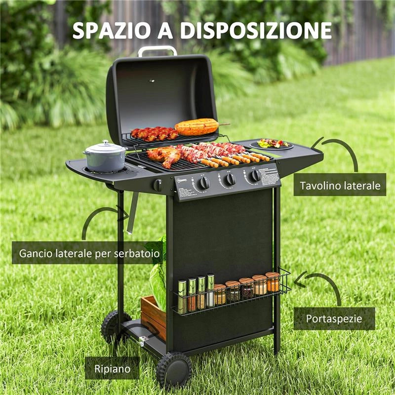 BARBECUE A GAS CON 4 BRUCIATORI INDIPENDENTI E COPERCHIO CON TERMOMETRO 108X54X97 CM NERO