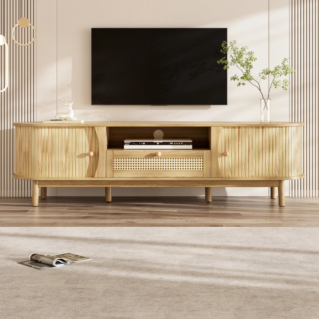 Mobile TV con Ante Scorrevoli e 2 Cassetti in Rattan; Stile Country; in MDF; 165??37??46 cm; Naturale