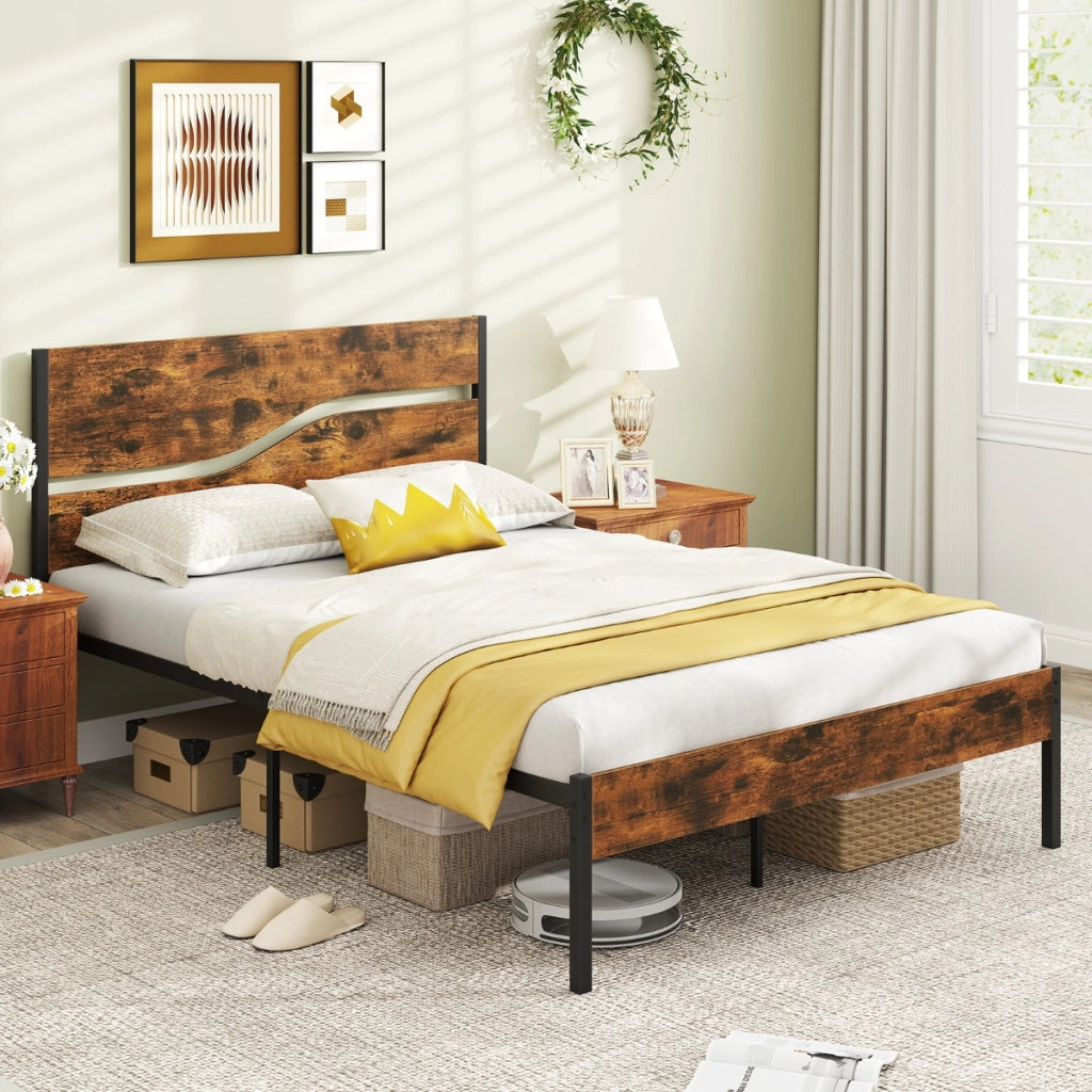 Letto piattaforma industriale con testiera e pediera in legno, Letto in metallo struttura letto per materasso 200 x 140 cm Marrone-Letti e strutture