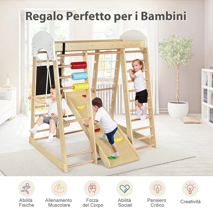 Set Arrampicata 8 in 1 per Bambini, Rocce da Arrampicata e Scala, con Scivolo Rete da Arrampicata, Barra Orizzontale, Centro attività di Legno per Bambini 3 Anni + (Stile 1 Naturale)