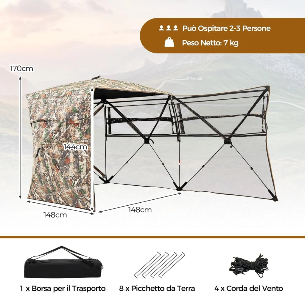 Tenda da Caccia per 2-3 Persone, Tenda Mimetica a Visione a 360° per Caccia, Tenda Pop-Up Camouflage con Borsa da Trasporto, Apribile Completamente da 1 Lato, 148 x 148 x 170 cm