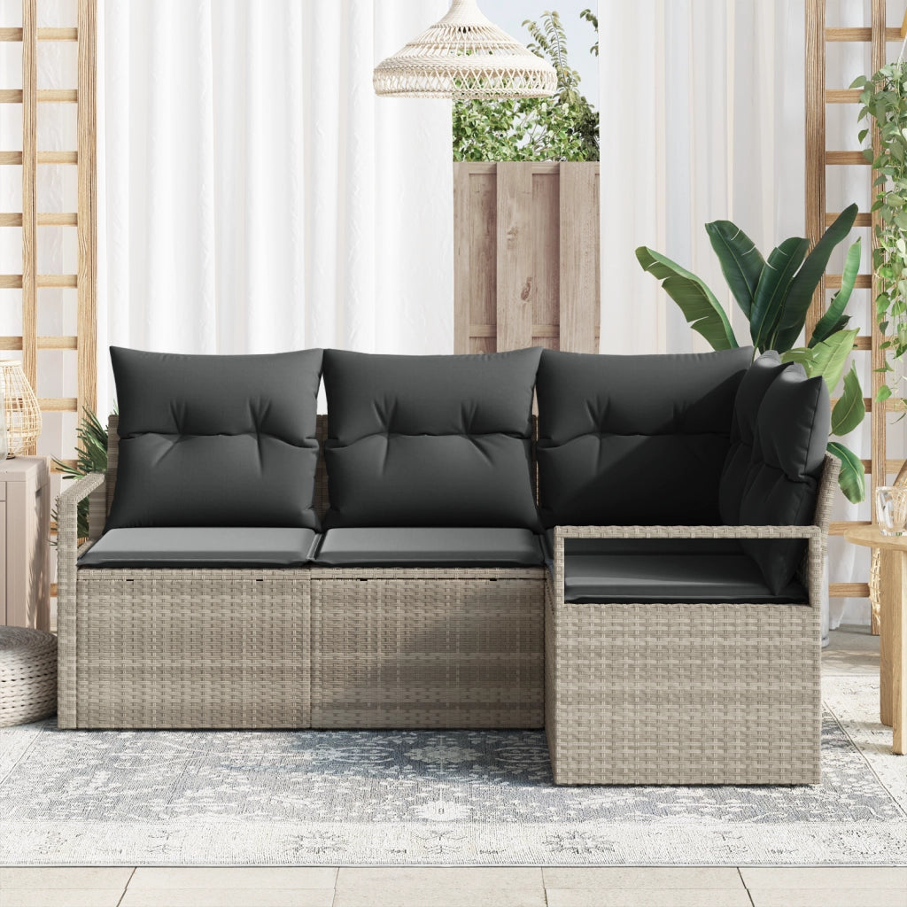 Set divano da giardino a 4 pezzi con cuscini grigio chiaro in polyrattan