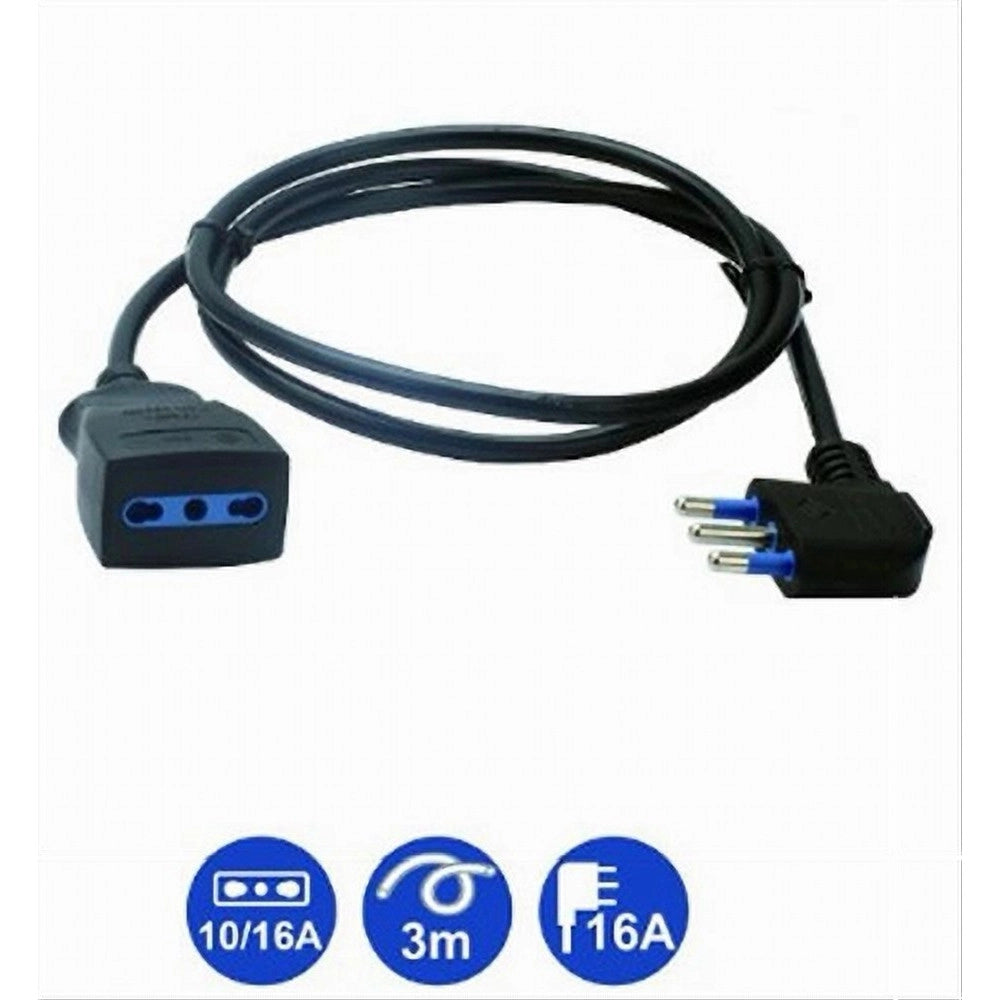 Trade Shop - Prolunga Lineare Nera Cavo Da 3 Mt Spina 16a + Presa Bipasso 10/16a 2p+t 83282 -