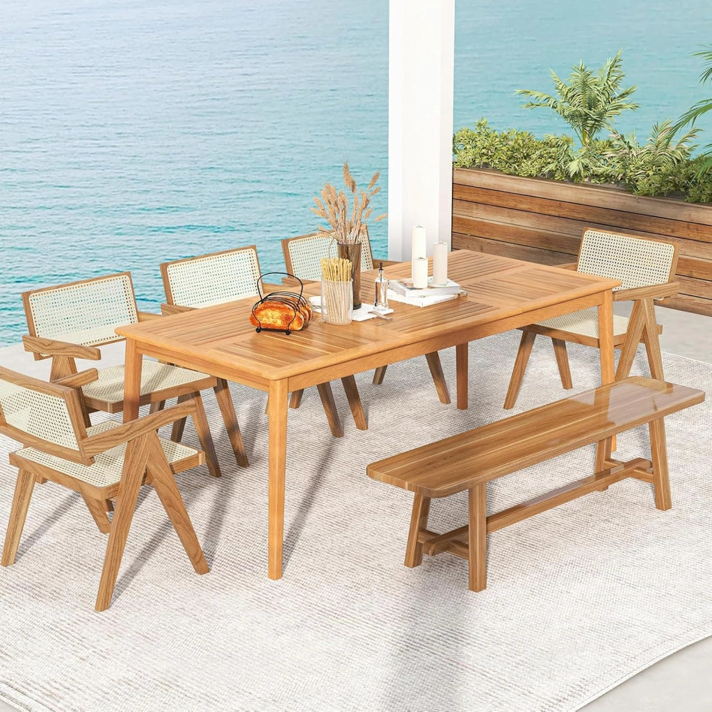 Tavolo da Giardino con Foro per Ombrellone da 5 cm, Tavolo da Pranzo in Legno di Acacia, Tavolo Rettangolare per 8 Persone, per Esterno, Balcone, Cortile, Veranda (Modello III)