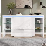 Comodino lucido, credenza da sala da pranzo, illuminazione a LED, 6 cassetti, 4 ripiani in vetro, 155 x 40 x 80 cm, bianco