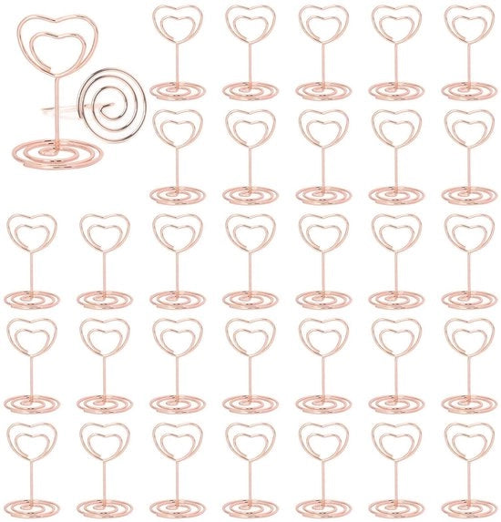 30 pezzi di cartellini di benvenuto rosé dorati, supporto per foto, supporto per menu, supporto per cartelle con clip, supporto per memoria, cartellino di benvenuto, per matrimoni, banchetti, feste (a forma di cuore)