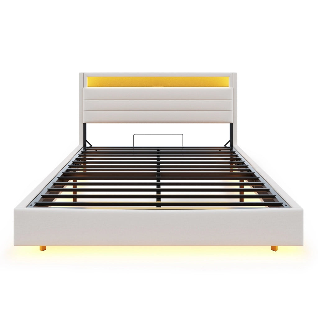Letto imbottito 140x200 cm con contenitore idraulico; LED; USB e testiera reversibile beige