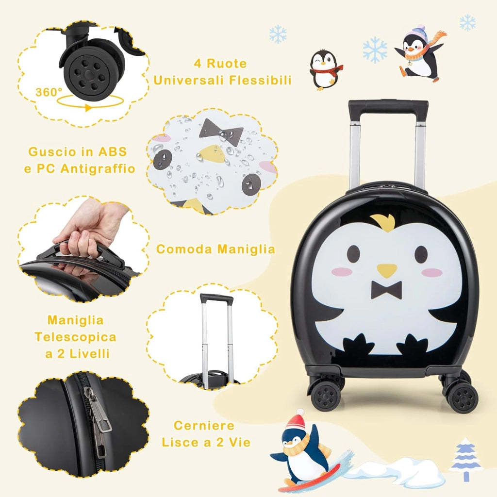 Set di Valiglie per Bambini, Set da 4 Pezzi con Trolley, Zaino, Cuscino per Collo ed Etichetta per Bagaglio, Valigia a Mano da Viaggio con Ruote Universale e Maniglia Regolabile (Pinguino)