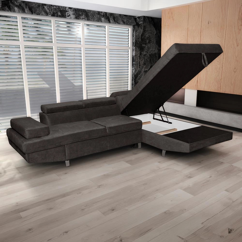 Divano letto angolare Rio con penisola contenitore destra in tessuto grigio scuro 272 cm