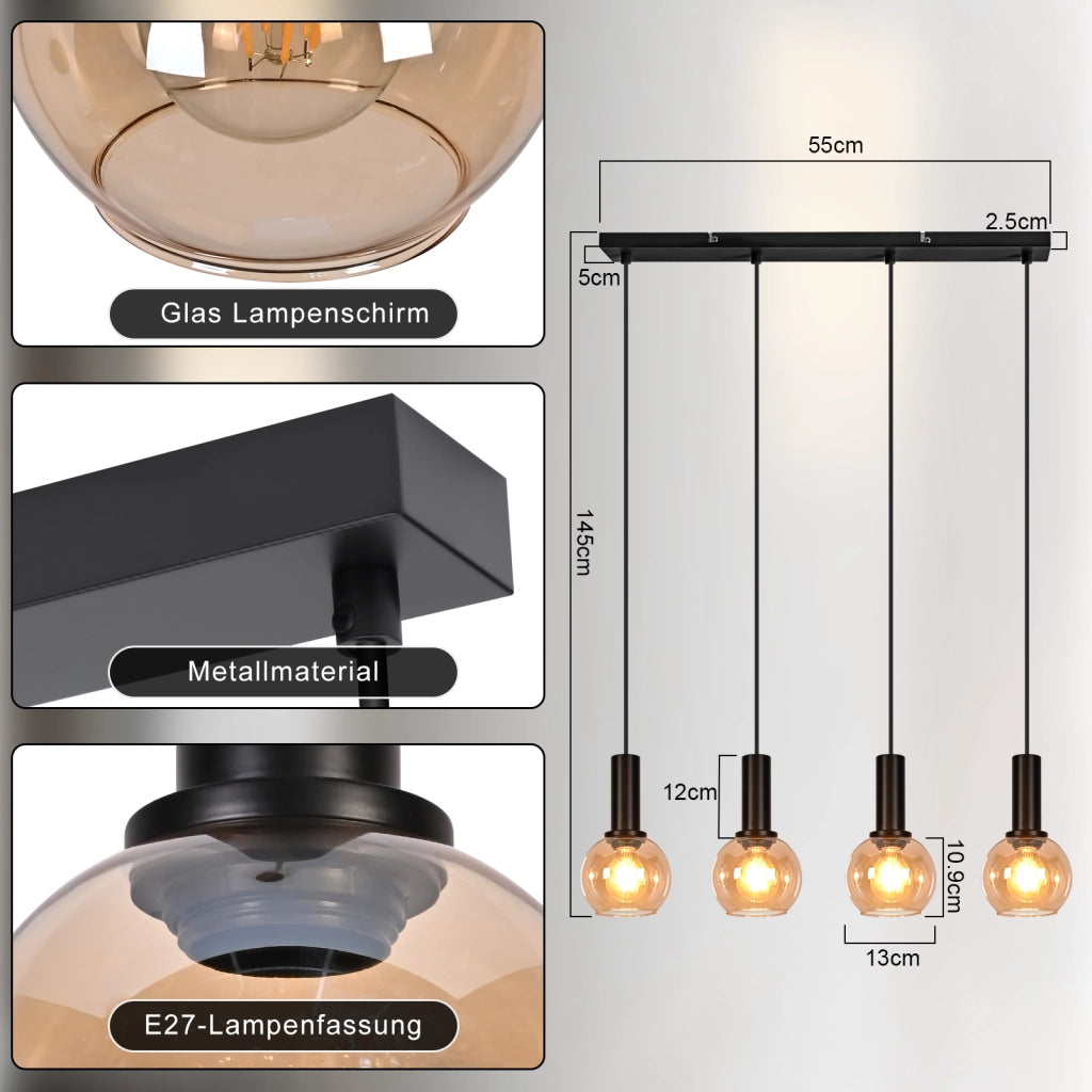 ZMH Lampada a Sospensione 4 Luci Vetro Vintage Altezza Regolabile E27 per Sala da Pranzo Soggiorno Senza Lampadina