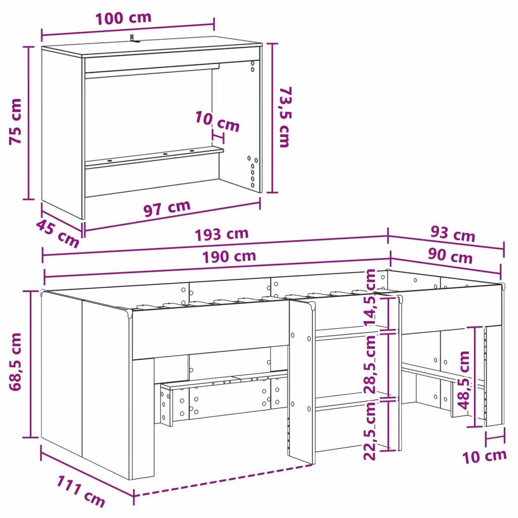 Letto alto per bambini con scrivania Rovere Nero 90 x 190 cm 3423471