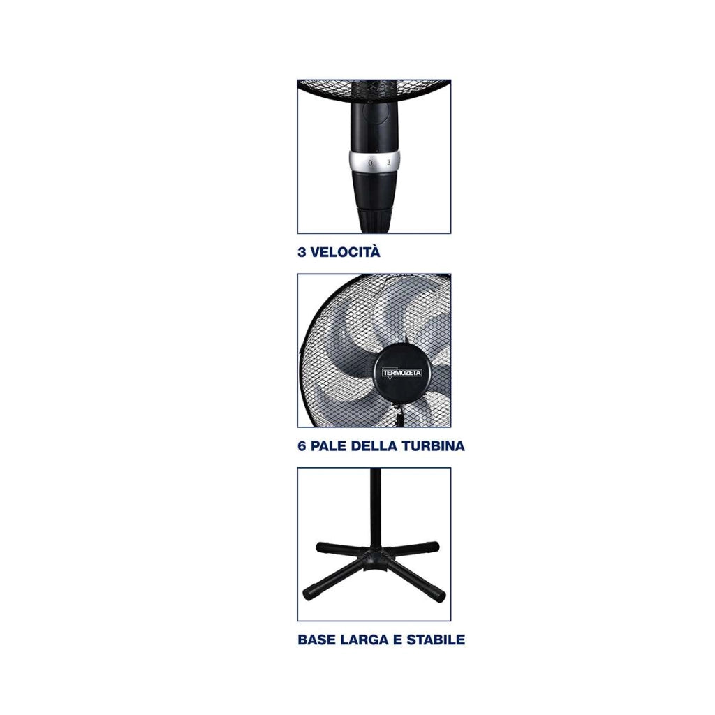 Ventilatore a piantana WINDZETA FORCE Termozeta TZWZF01 con 3 velocità con selettore di potenza ad anelloStile moderno robusto oscillazione 6 pale 75W