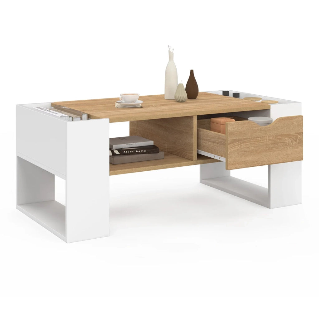 IDMarket - Tavolino rettangolare BERYL con cassetto in legno bianco e effetto faggio