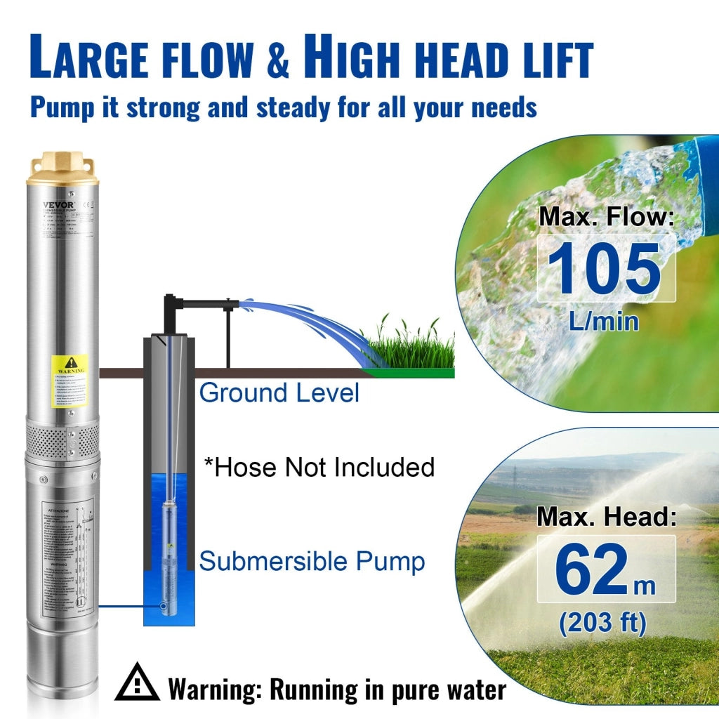 Pompa d'Acqua Sommergibile 750W Flusso 105L/min per Piscina Giardino Orto in Acciaio Inox, Pompa Sommersa per Pozzi Profondi 230V Prevalenza Max. 62m, Pompa Sommersa per Pozzo Piscina con Cavi