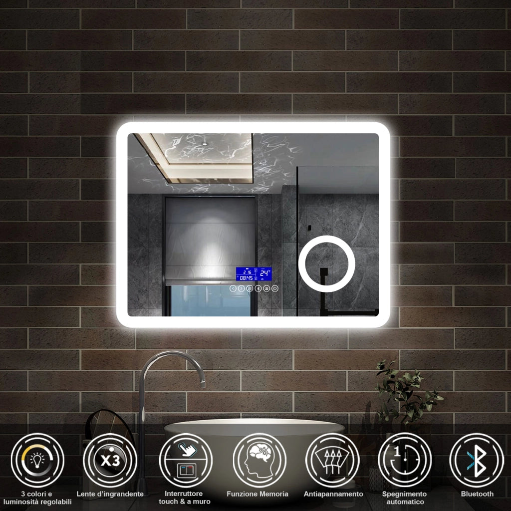 specchio rettangolare 80x60 cm con luce dimmerabile a 3 colori, bluetooth, antiappannamento e ingranditore 3x