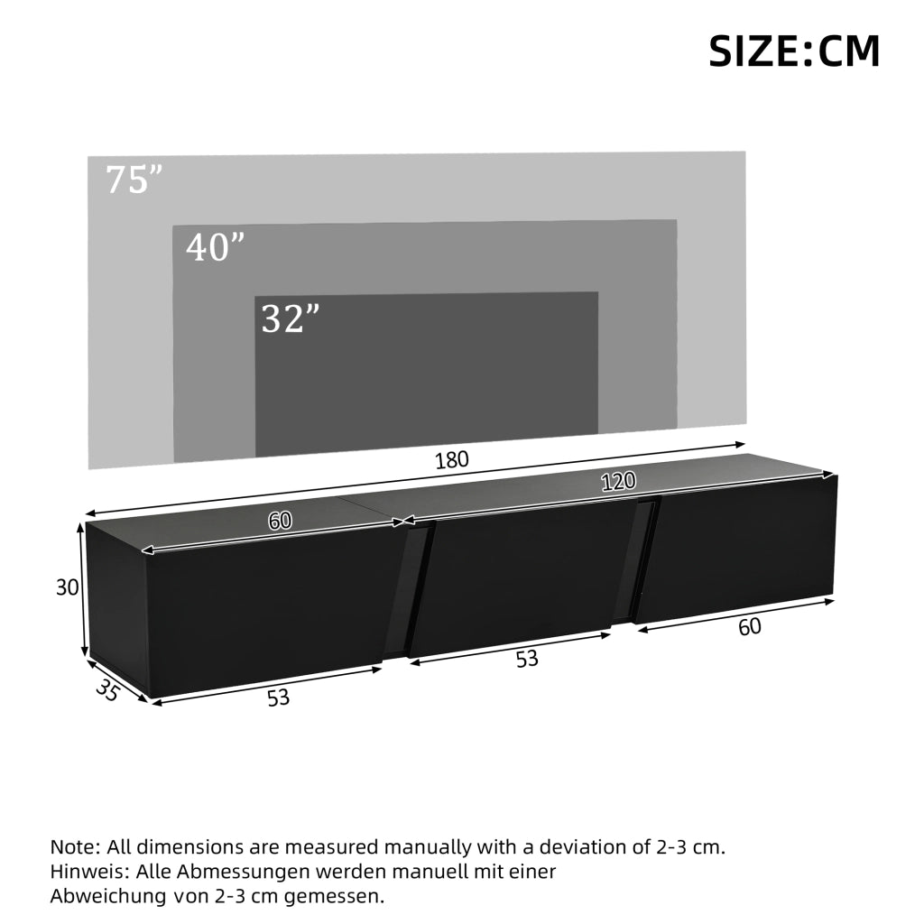 Mobile porta TV sospeso con LED e 3 ante, 5 vani contenitore, per soggiorno, in truciolare, nero, 180 × 35 × 30 cm