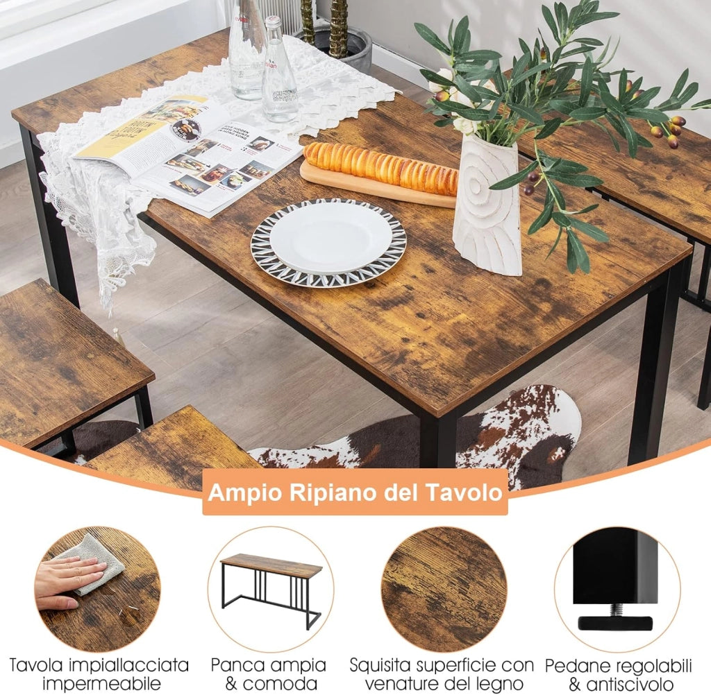 Set Tavolo da Pranzo 4 Pezzi, Tavolo da Pranzo con Panca e 2 Sgabelli, in Stile Industriale, Set Tavolo Salvaspazio per Cucina, Ristorante, Bar