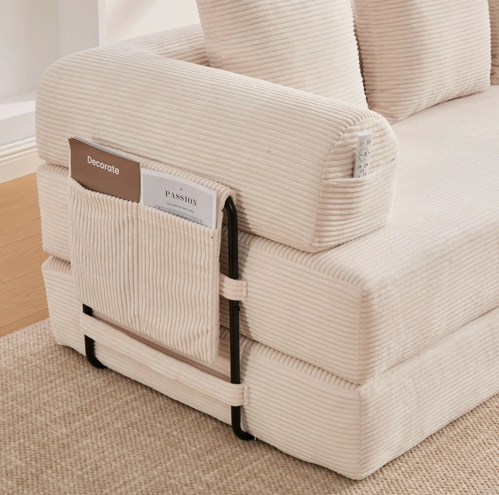 Divano modulare in velluto a coste beige con 3 cuscini; tasca laterale; 200x94x67 cm