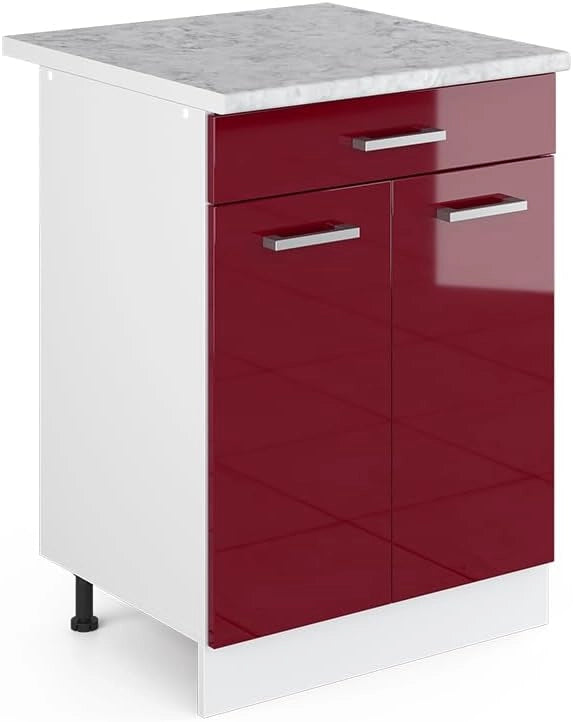 Mobiletto base per cucina R-Line, Rosso lucido, 60 cm con cassetto PL Marmo, per la libera combinazione all'interno di sistemi cucina modulari