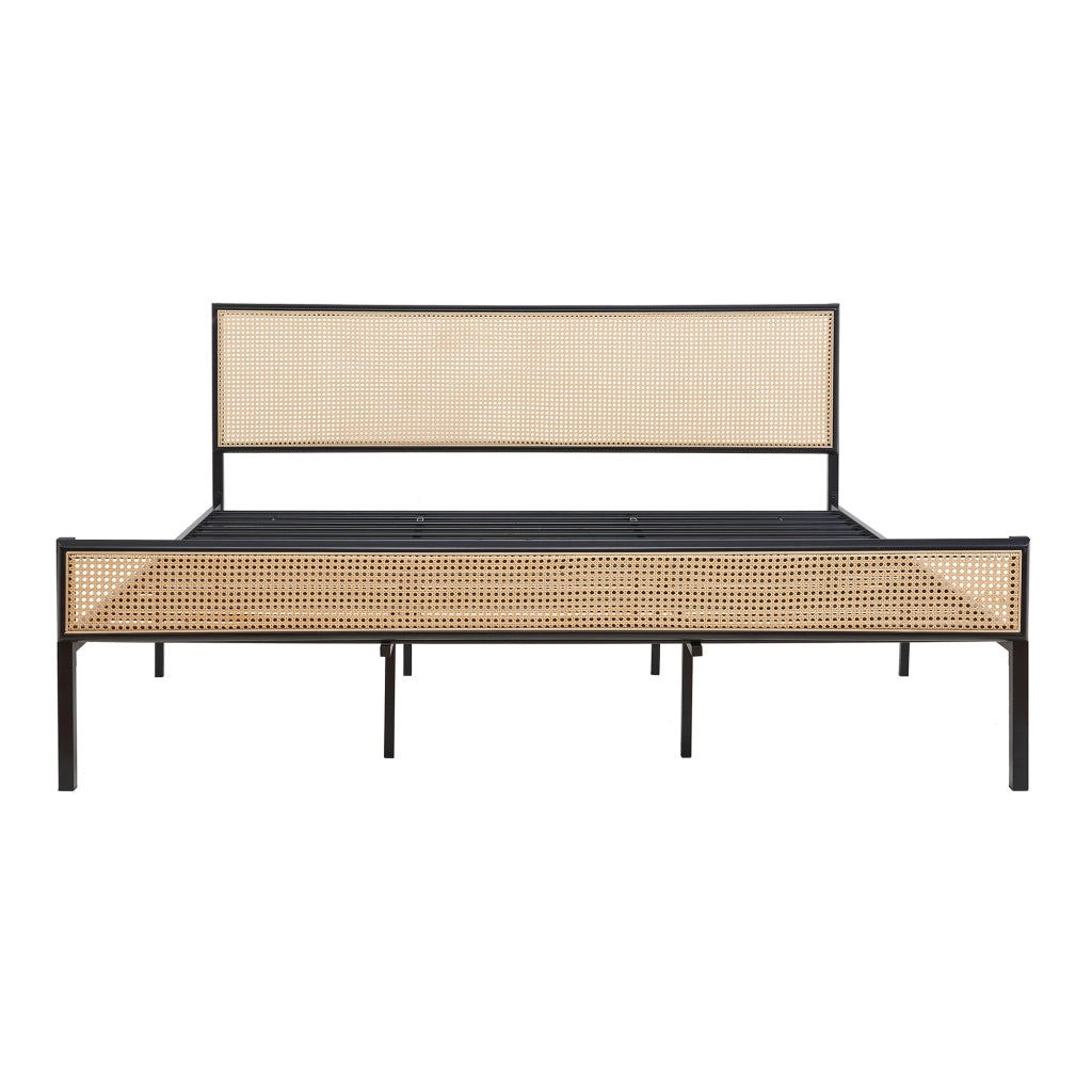 Letto Matrimoniale Linköping in Metallo Nero con Materasso 180x200 cm Testiera e Pediera Effetto Rattan [en.casa]