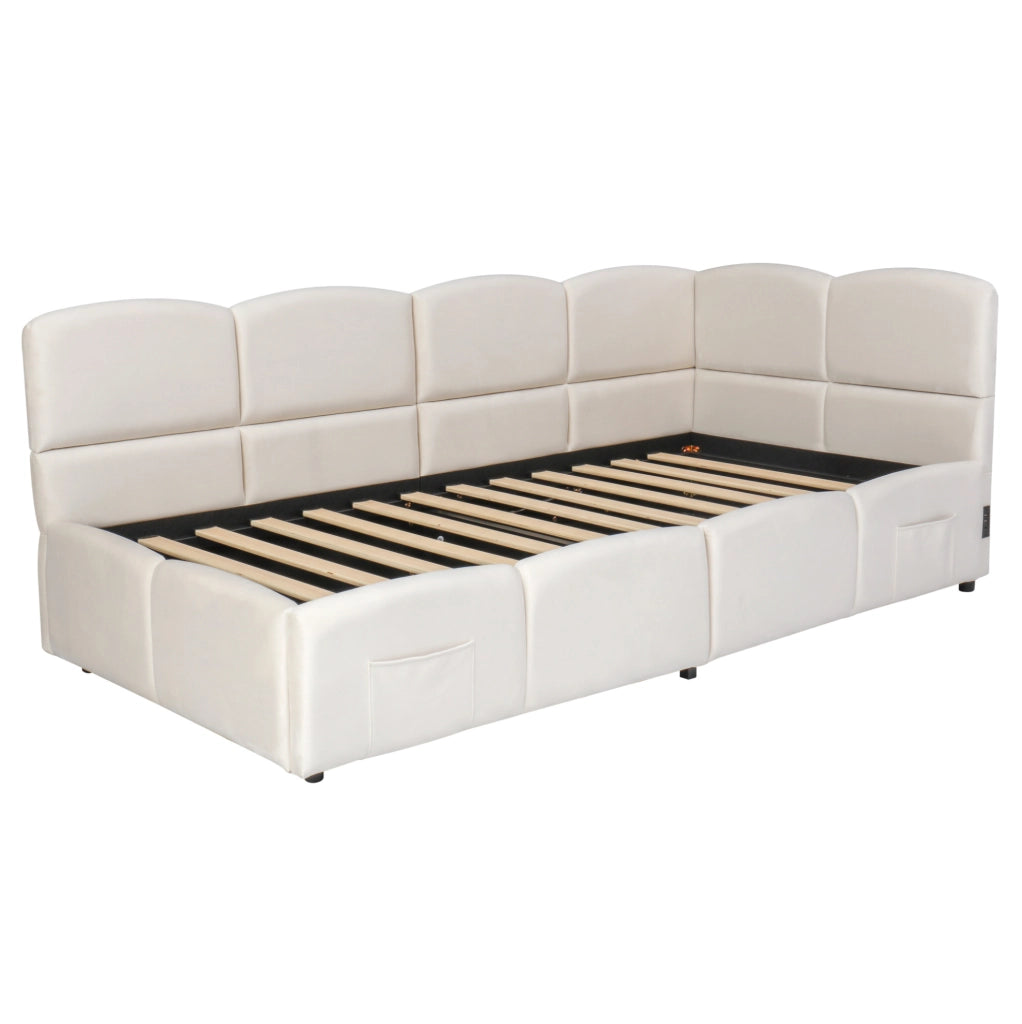 Divano letto con contenitore idraulico; USB-A/USB-C; velluto beige; per materasso 90x200 cm