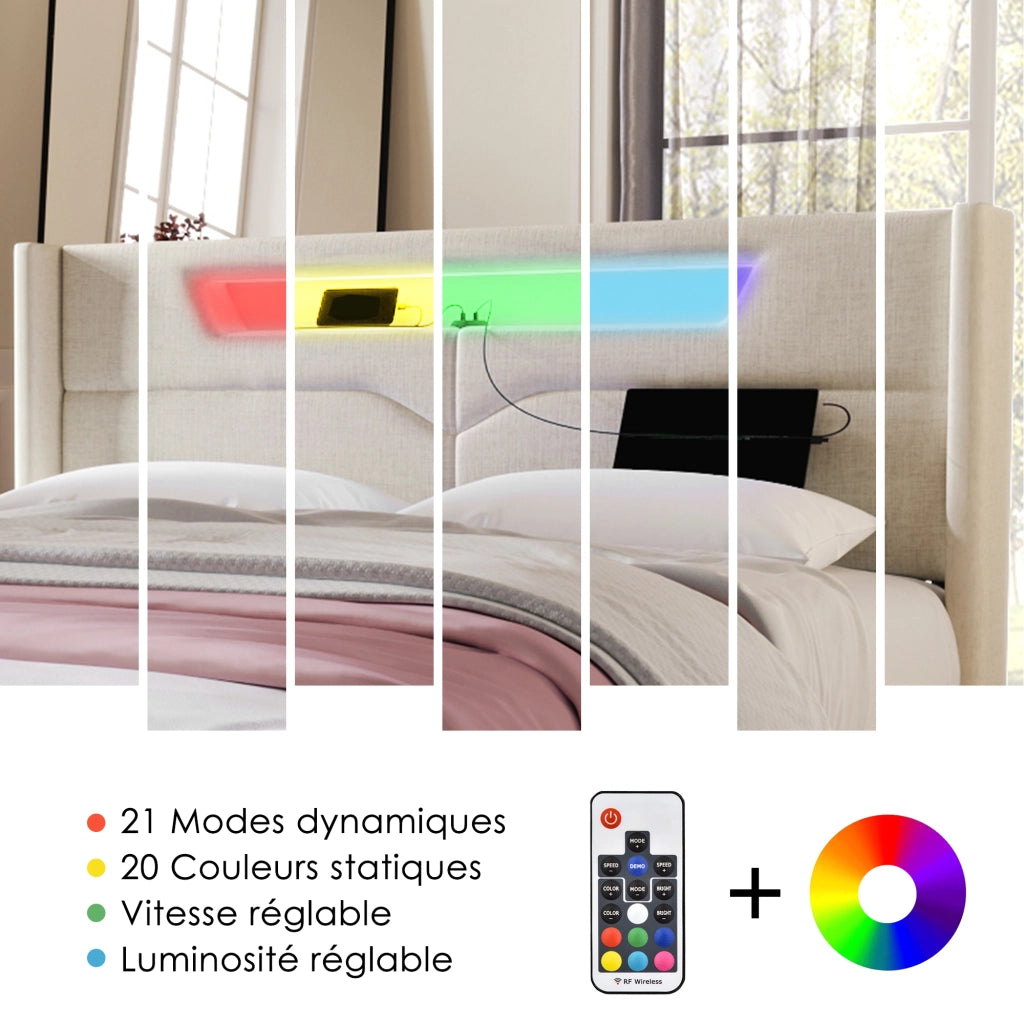 OKWISH Letto Contenitore Letto Matrimoniale, USB, Tipo C e LED, 160 x 200 cm, con Materasso, Lino, Beige