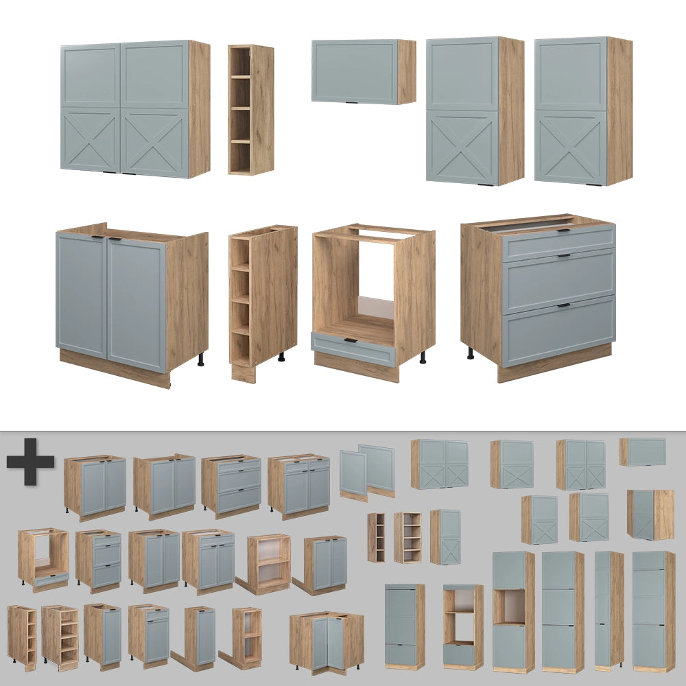 Vicco Cucina componibile Rovere blu-grigio chiaro/oro 235 cm senza piano di lavoro