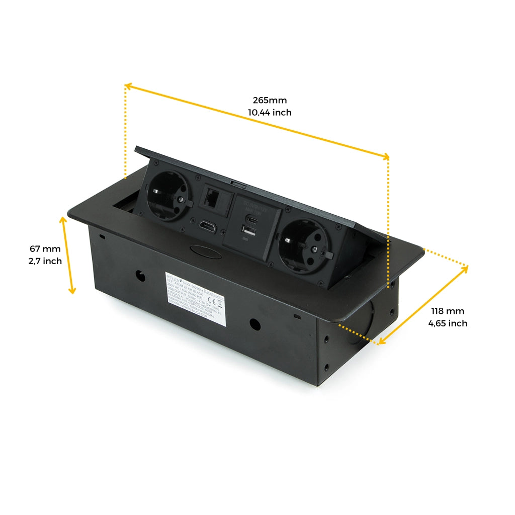 Emuca Multipresa Atom 26 A+C per scrivania, EU, Verniciato nero, Acciaio e Tecnoplastica e Zama, 1 u.