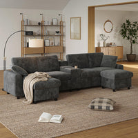 Divano a U in velluto - Xylo - Con 2 poggiapiedi, USB, Type-C, grigio (315cm)