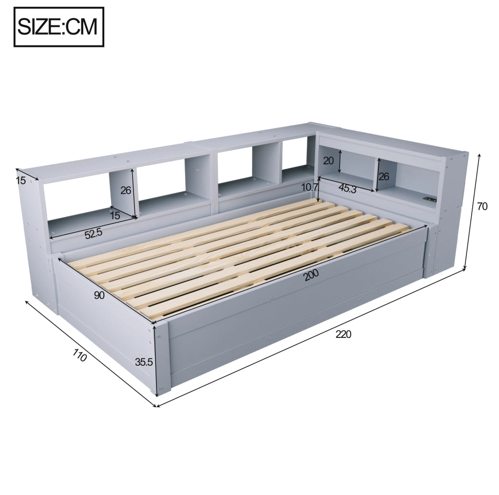 Letto multifunzionale 90x200 cm con LED, presa integrata e vano contenitore