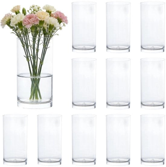 Vaso Cilindrico Infrangibile - 12 Pezzi - Plastica PET - 8,5x15cm - Transparente - Sostenibile - Ideale per Fiori e Candele - Vaso Decorativo