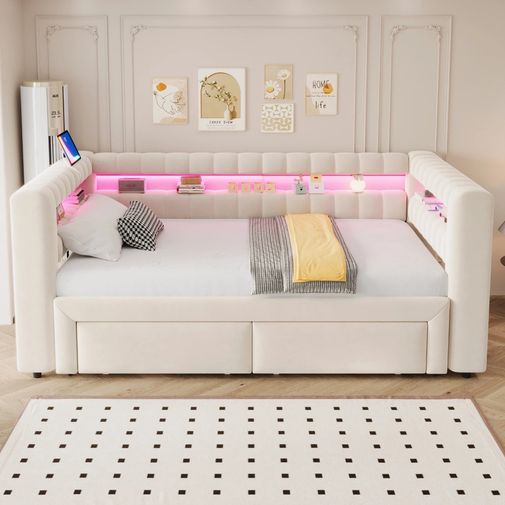 Divano letto imbottito estraibile 90x190 cm con LED; USB e contenitore; beige