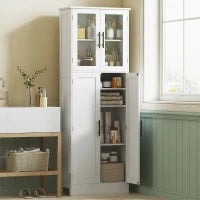 Mobile Bagno Alto con Ripiani Regolabili, Ante in Vetro e Legno, 60x30x170 cm, Bianco