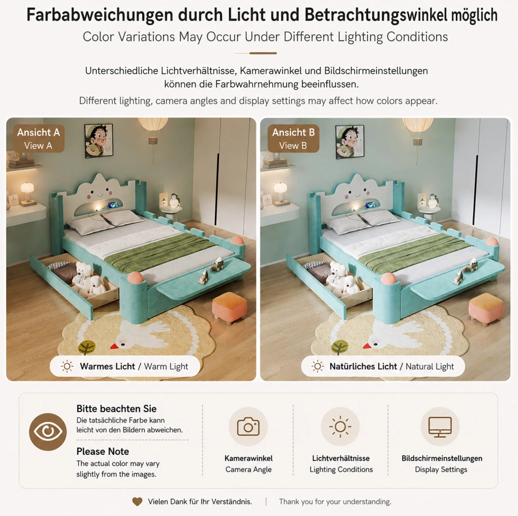 Letto imbottito per bambini a nuvola 140x200 cm blu-verde