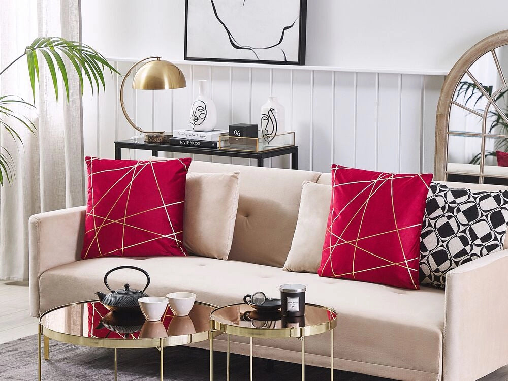 Set di 2 Cuscini decorativi con motivo geometrico Dorato 45 x 45 cm velluto Rosso